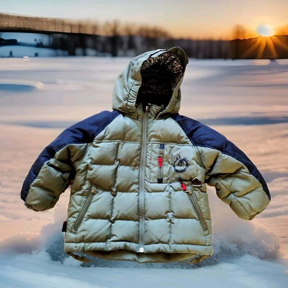 Snow Dragons Puffer Jacket Kids 2T Green‎ Black Excellent Hooded Winter Coat